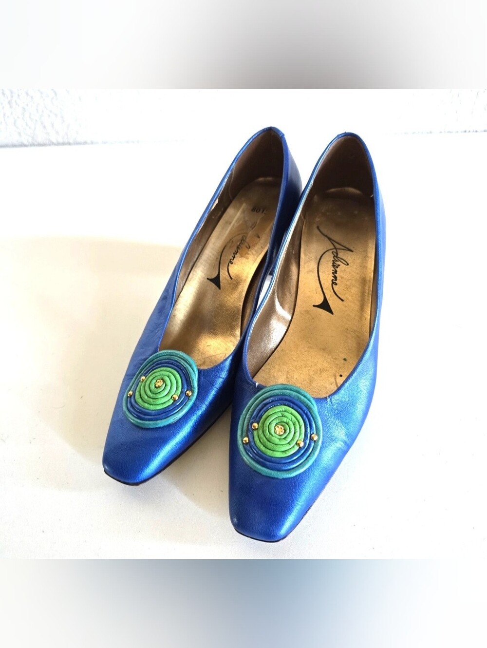 Vintage Adrienne 80's Blue Leather Dressy Pumps Blue Green Accent sz 6